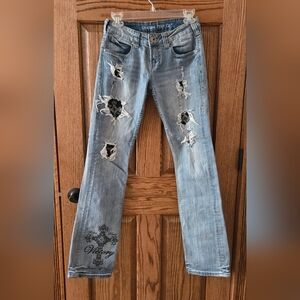 Cowgirl Tuff Light Blue Distressed Straight Leg Jeans